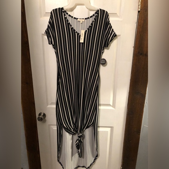 Stripe Buttoned Front Collared Long Sleeve T Shirt Dress with Pockets